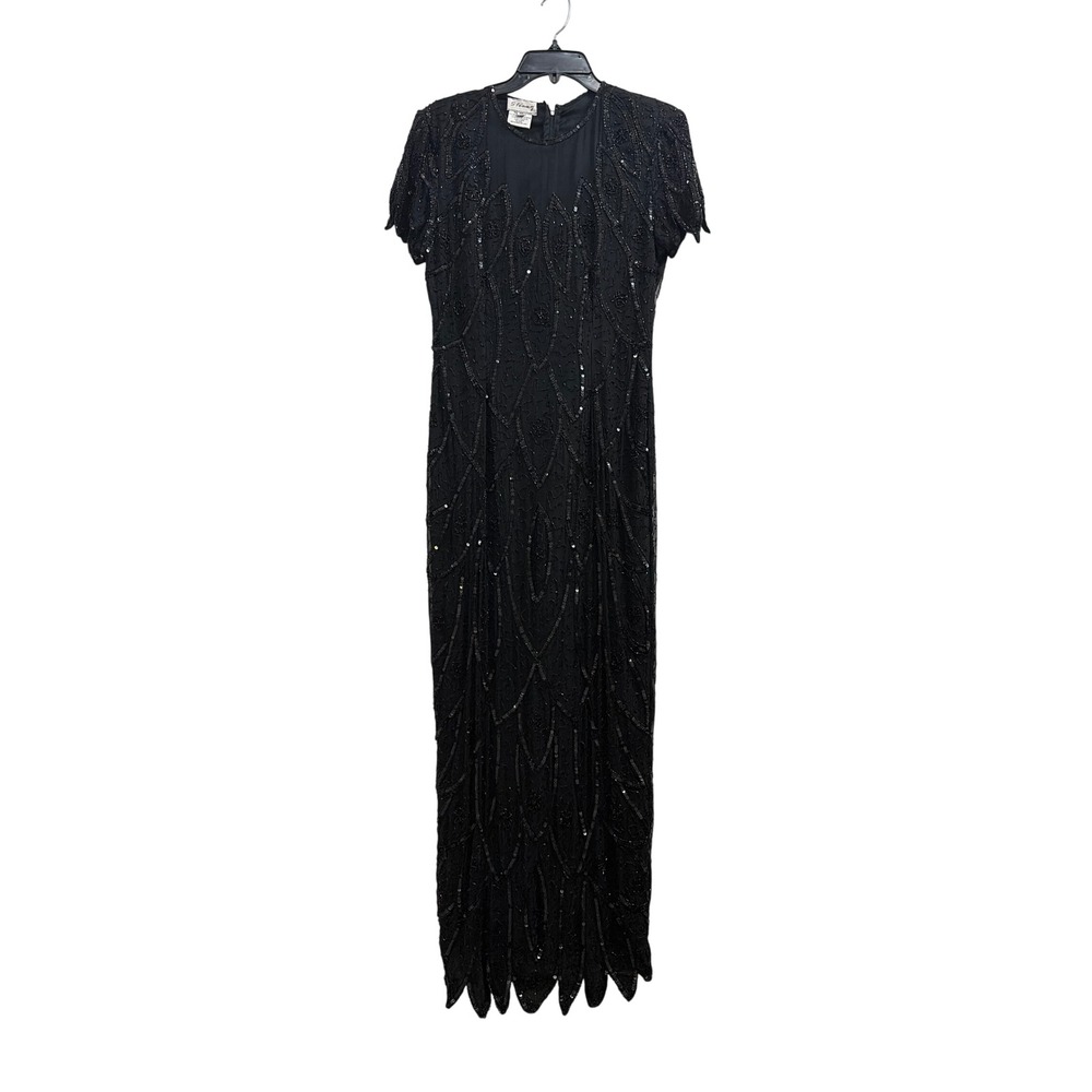 Silk Gown Beaded Vintage Stenay Womens 10 Black Sequin Art Deco Evening Dress